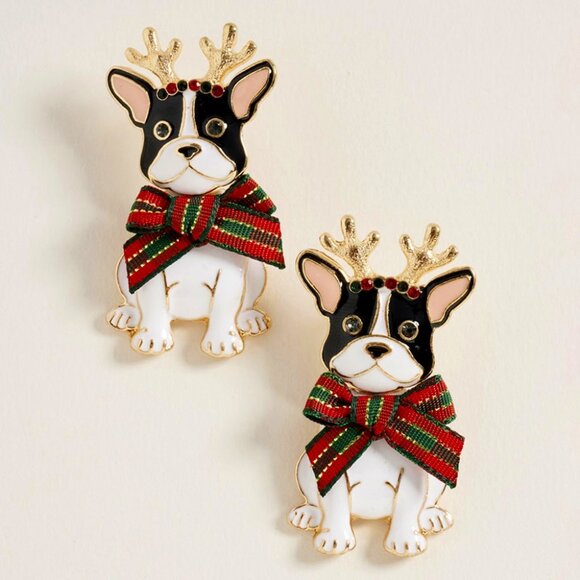 Holiday French Bulldog Dangle Earrings – Festive Dog Jewelry - Picture 1 of 1